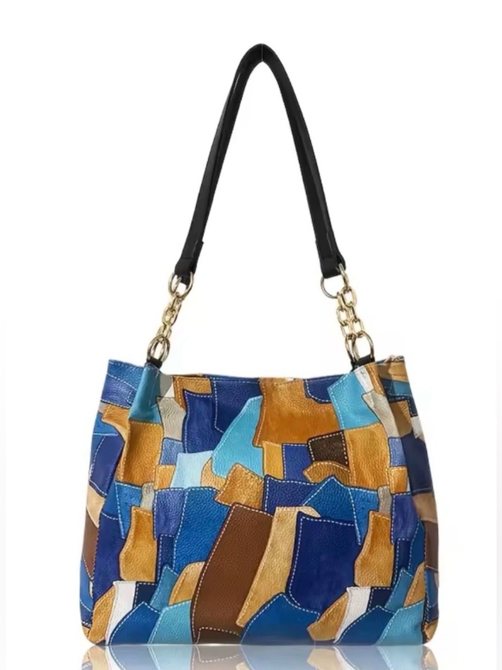 Vintage Patchwork Blue & Brown Shoulder Bag with Gold Chain Accents